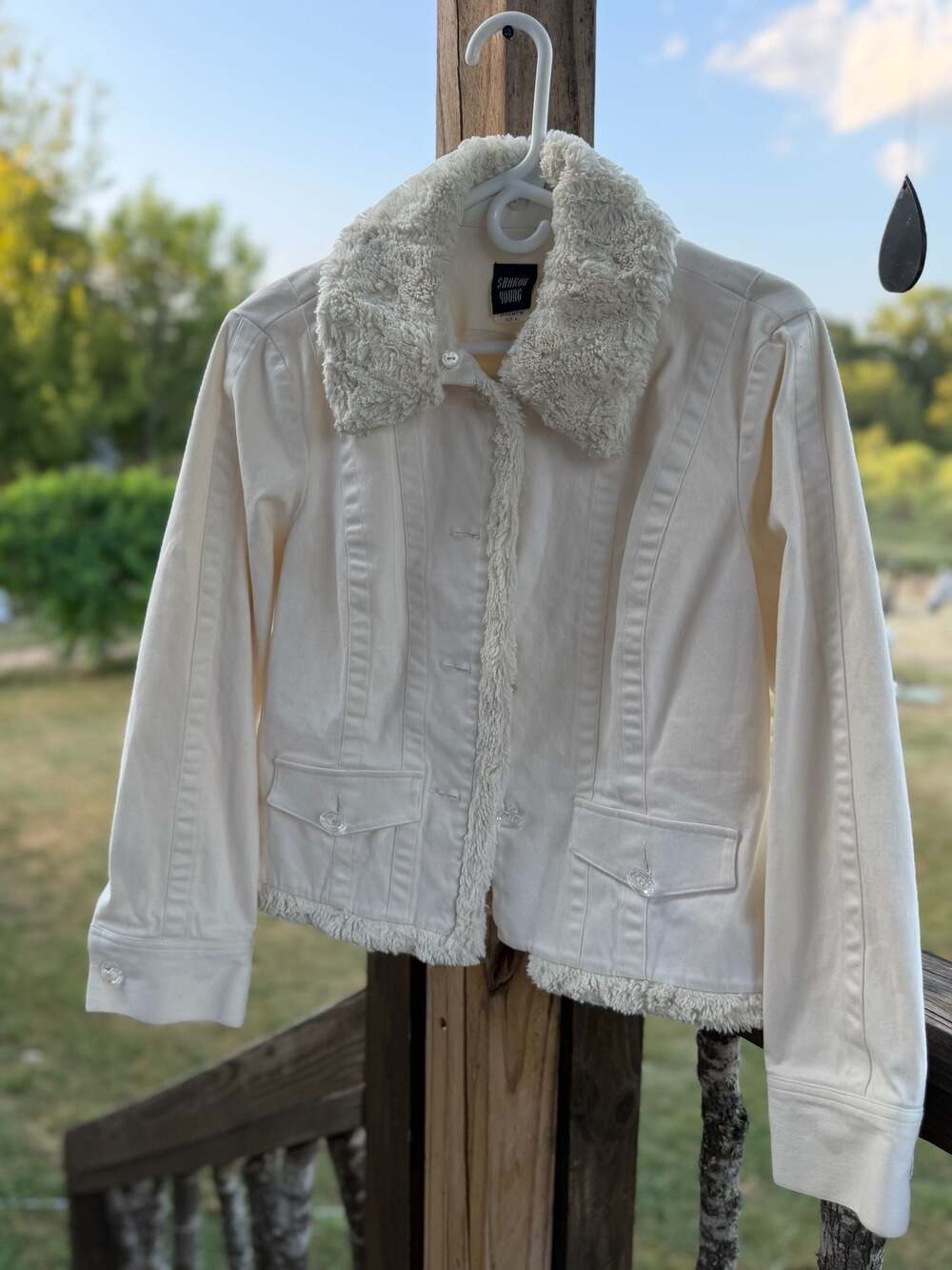 Sharon Young Cream Cotton Blend Jacket with Faux Fur Trim